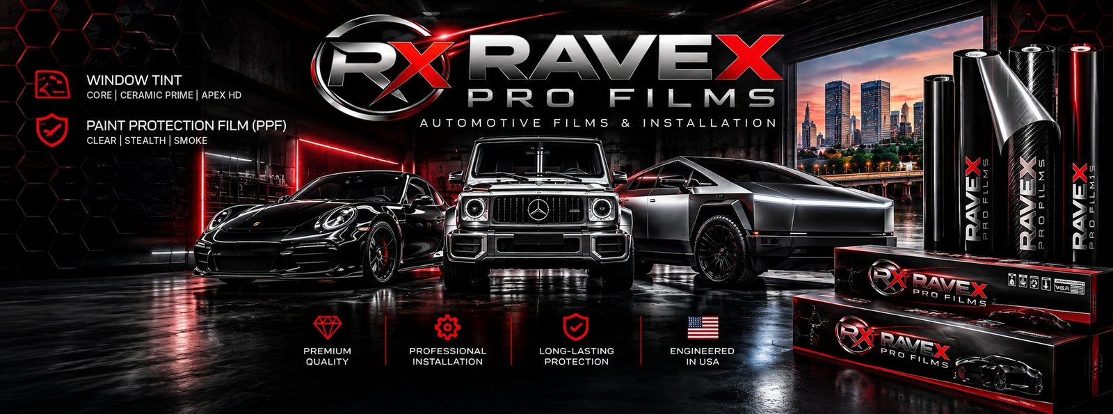 Ravex Pro Films: Window Tint Core, Ceramic Prime and Apex HD; PPF Clear, Stealth and Smoke